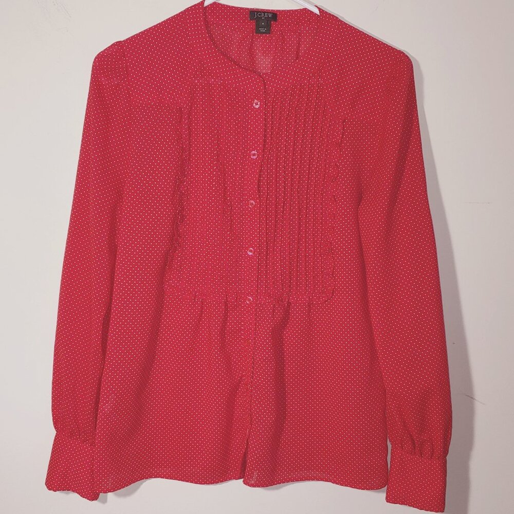 J.CREW Red with White Dots Long Sleeves Ruffle Pintuck Blouse Size 6